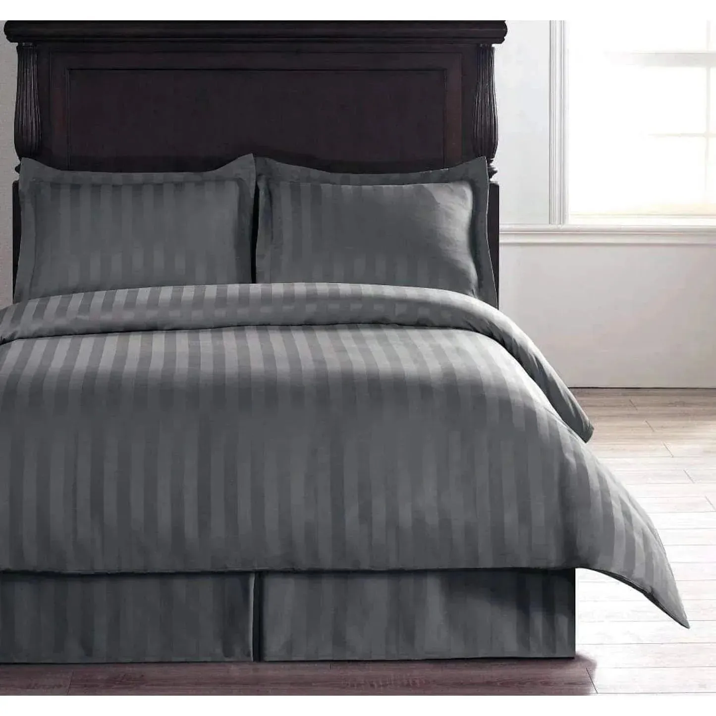 100% Cotton Satin Stripe 210 TC Duvet Cover Set - Dark Gray