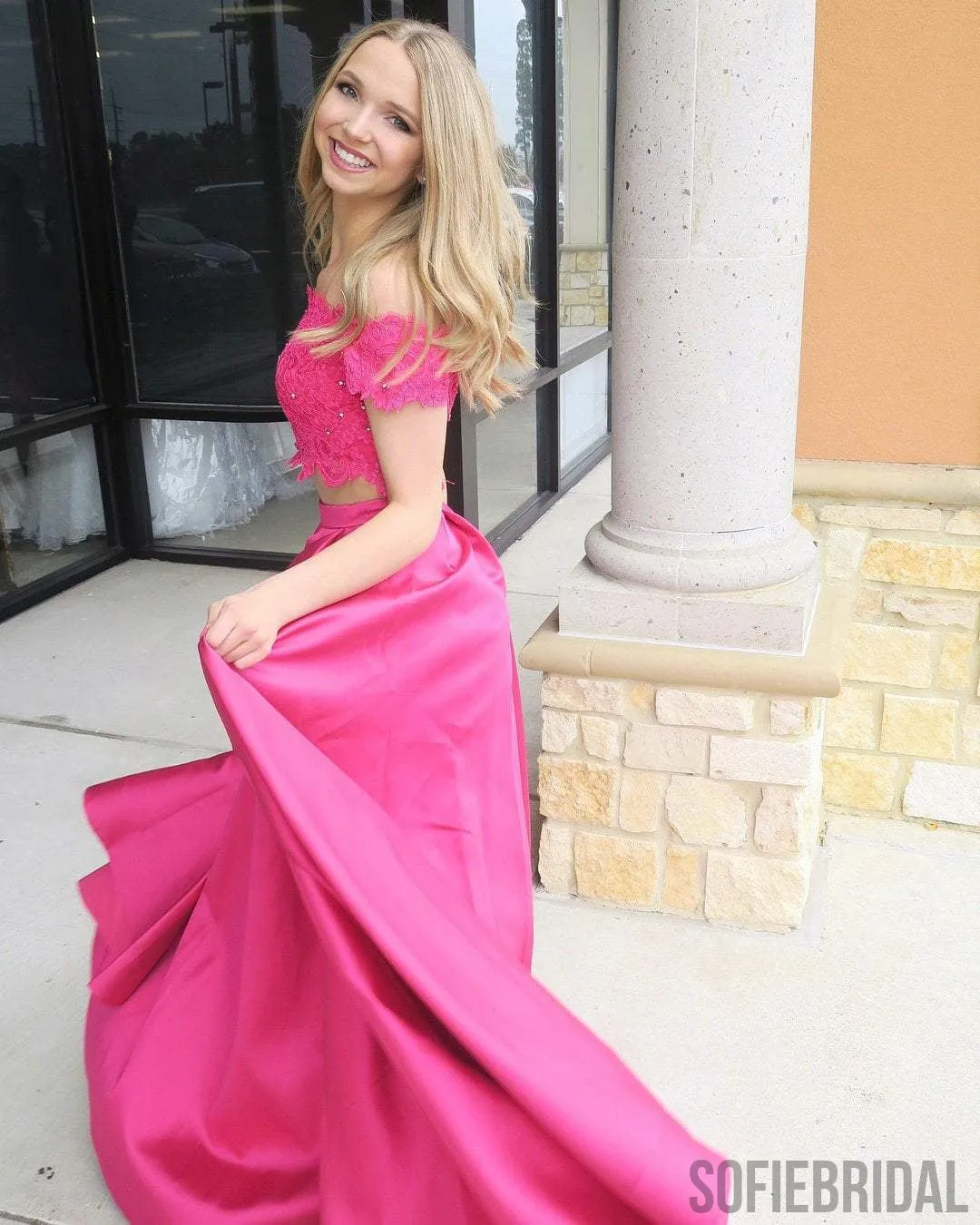 2 Pieces Lace Satin Prom Dresses, Beaded Prom Dresses, Off Shoulder Prom Dresses, Prom Dresses, PD0629