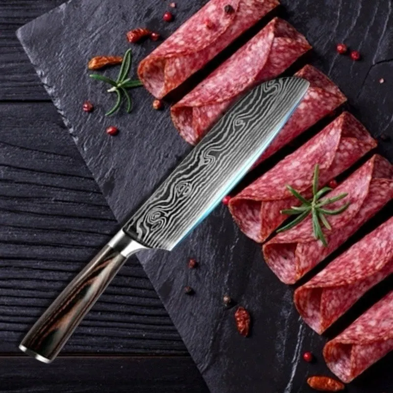 9PCS/set Kitchen Knives Damascus Pattern Chef Knife Santoku Knife Cleaver Slicing Utility Knife