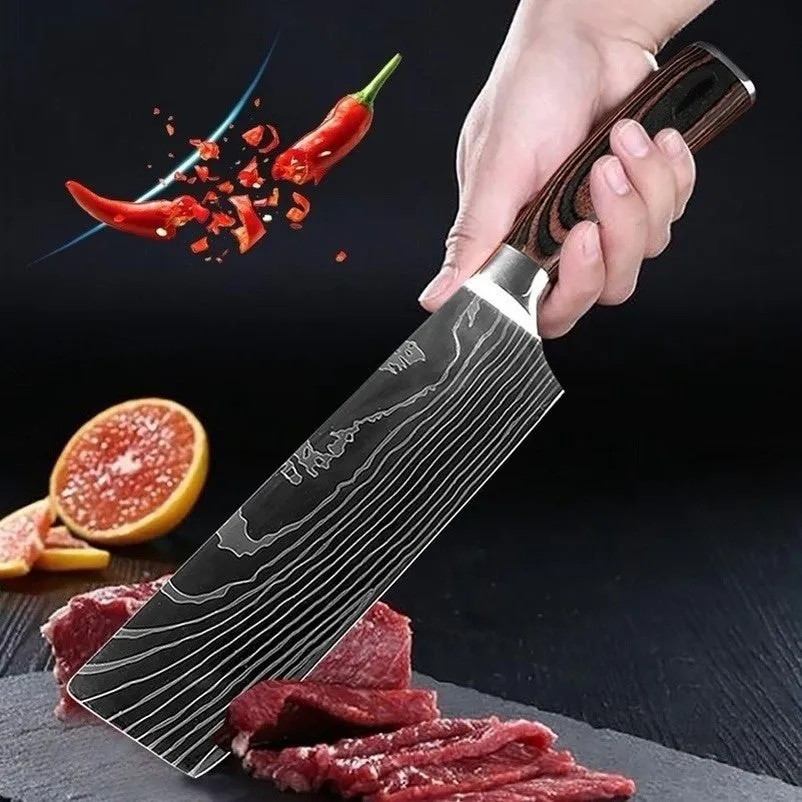 9PCS/set Kitchen Knives Damascus Pattern Chef Knife Santoku Knife Cleaver Slicing Utility Knife