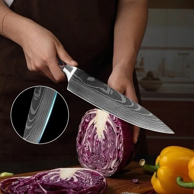9PCS/set Kitchen Knives Damascus Pattern Chef Knife Santoku Knife Cleaver Slicing Utility Knife