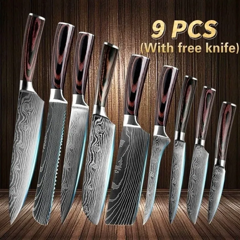 9PCS/set Kitchen Knives Damascus Pattern Chef Knife Santoku Knife Cleaver Slicing Utility Knife
