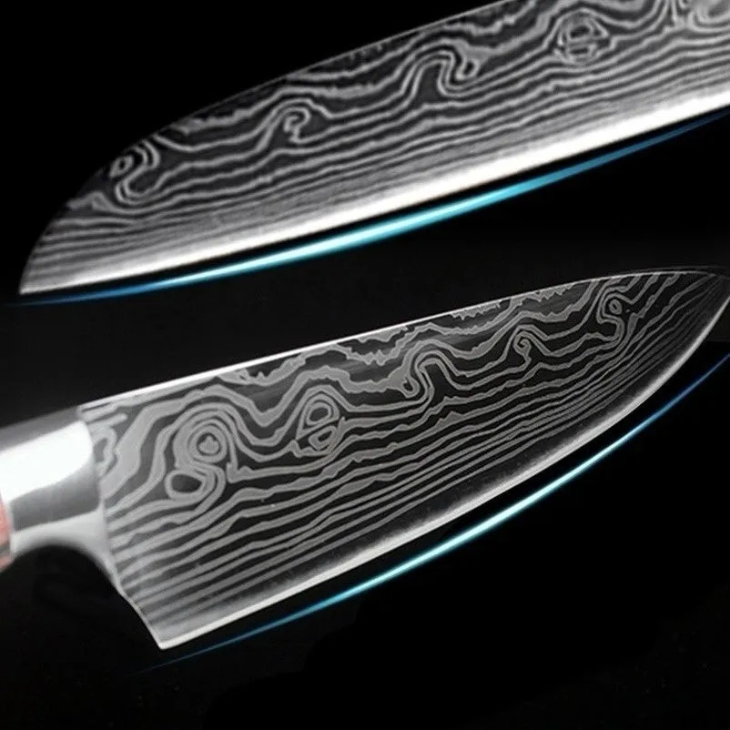 9PCS/set Kitchen Knives Damascus Pattern Chef Knife Santoku Knife Cleaver Slicing Utility Knife