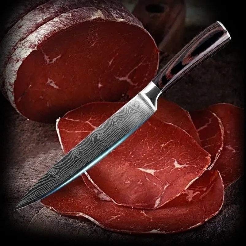 9PCS/set Kitchen Knives Damascus Pattern Chef Knife Santoku Knife Cleaver Slicing Utility Knife