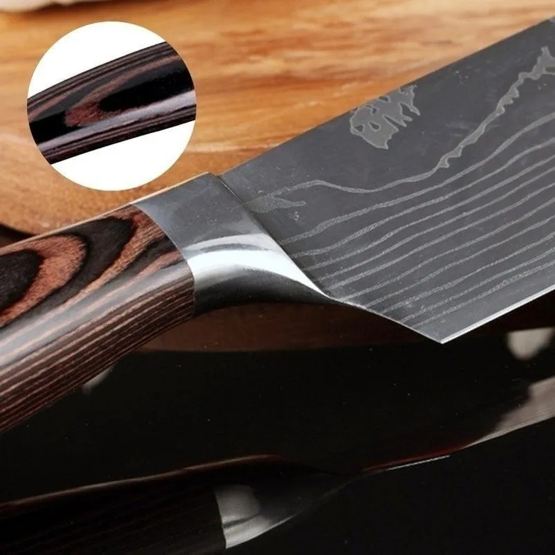 9PCS/set Kitchen Knives Damascus Pattern Chef Knife Santoku Knife Cleaver Slicing Utility Knife