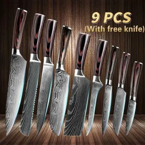 9PCS/set Kitchen Knives Damascus Pattern Chef Knife Santoku Knife Cleaver Slicing Utility Knife