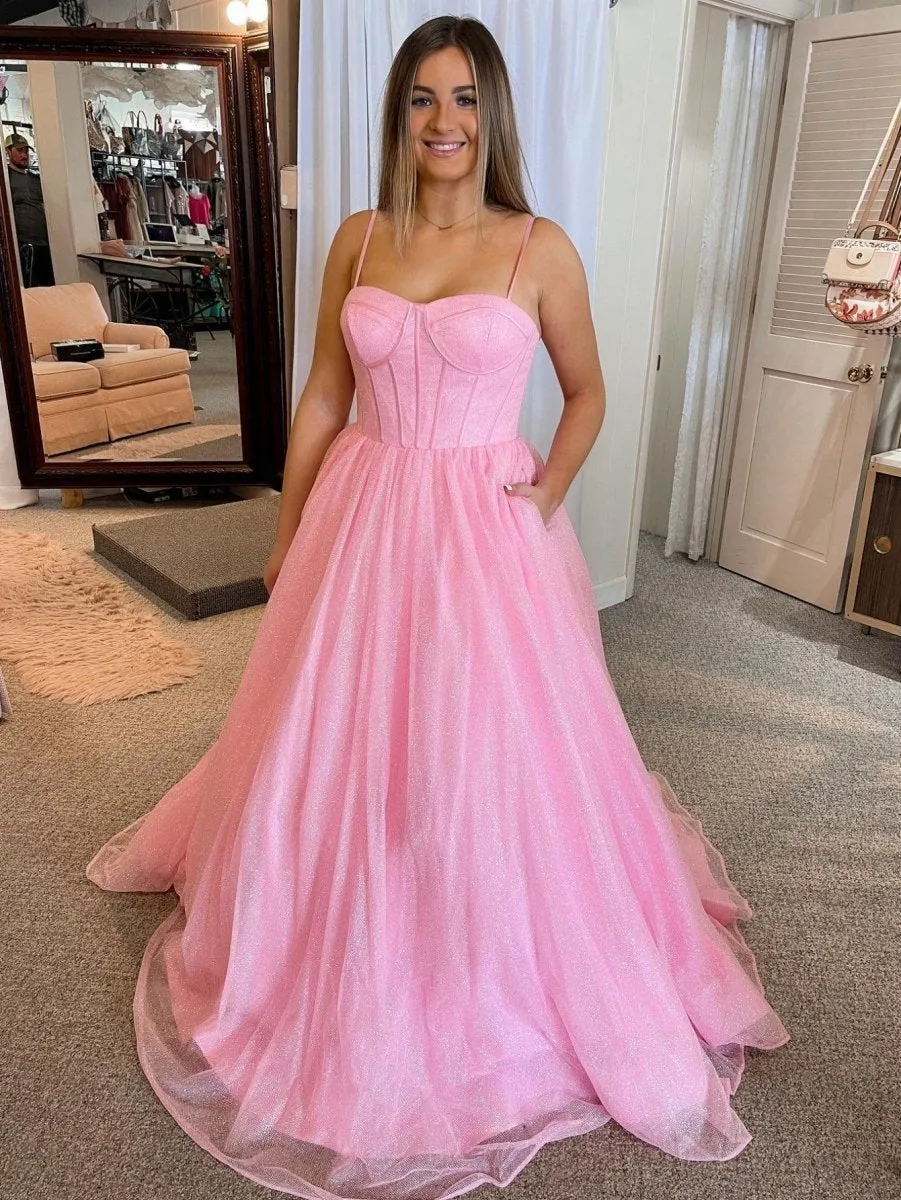 A-line Glitter Tulle Prom Dresses with Pockets