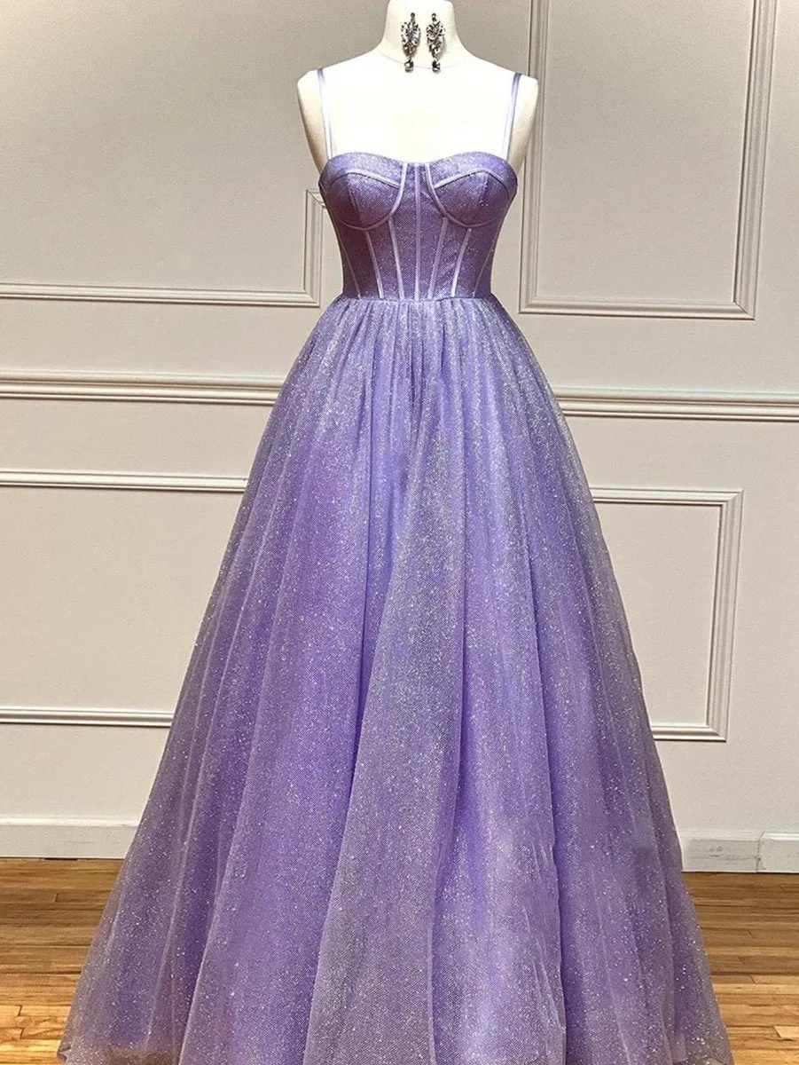 A-line Glitter Tulle Prom Dresses with Pockets