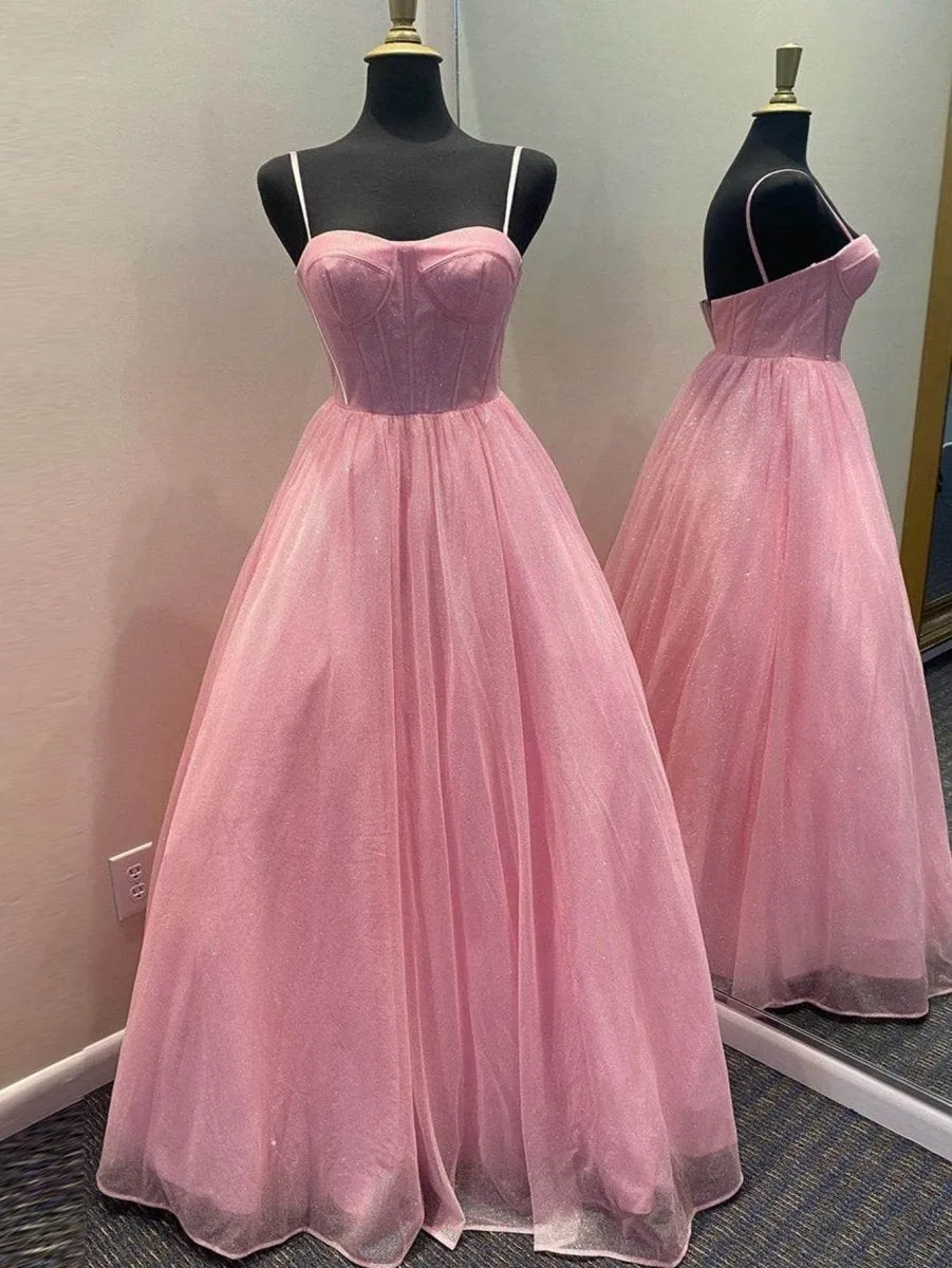 A-line Glitter Tulle Prom Dresses with Pockets