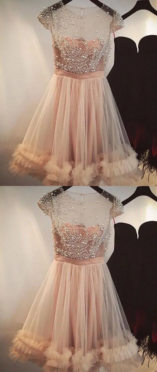 A-Line Short Cheap Cap Sleeves Tulle  Beautiful Homecoming Dresses with Beading Homecoming Dresses, BD0234