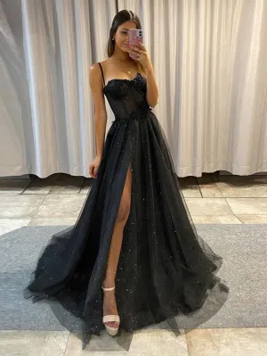 A-line Spaghetti Straps Glitter Tulle Prom Dresses