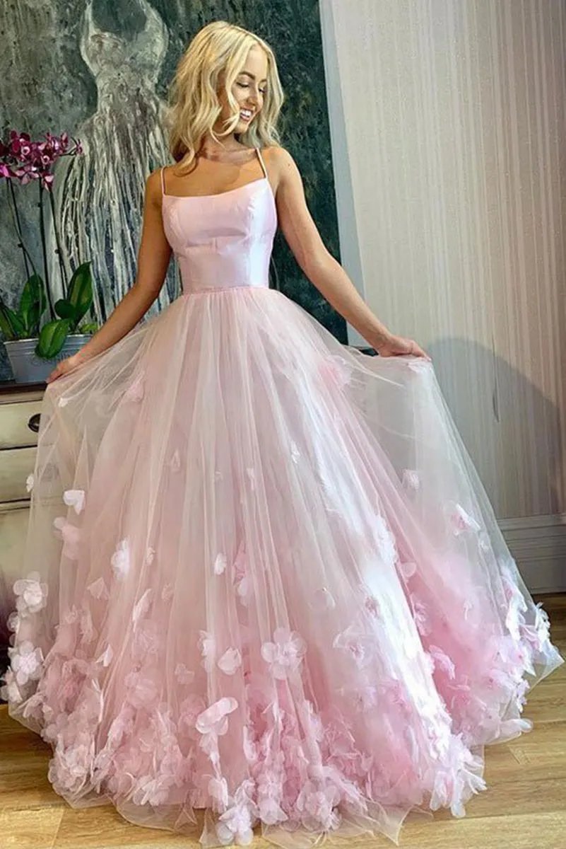 A-line Spaghetti Straps Tulle Prom Dresses