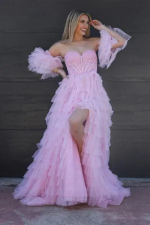 A-line Sweetheart Glitter Tulle Prom Dresses with Slit