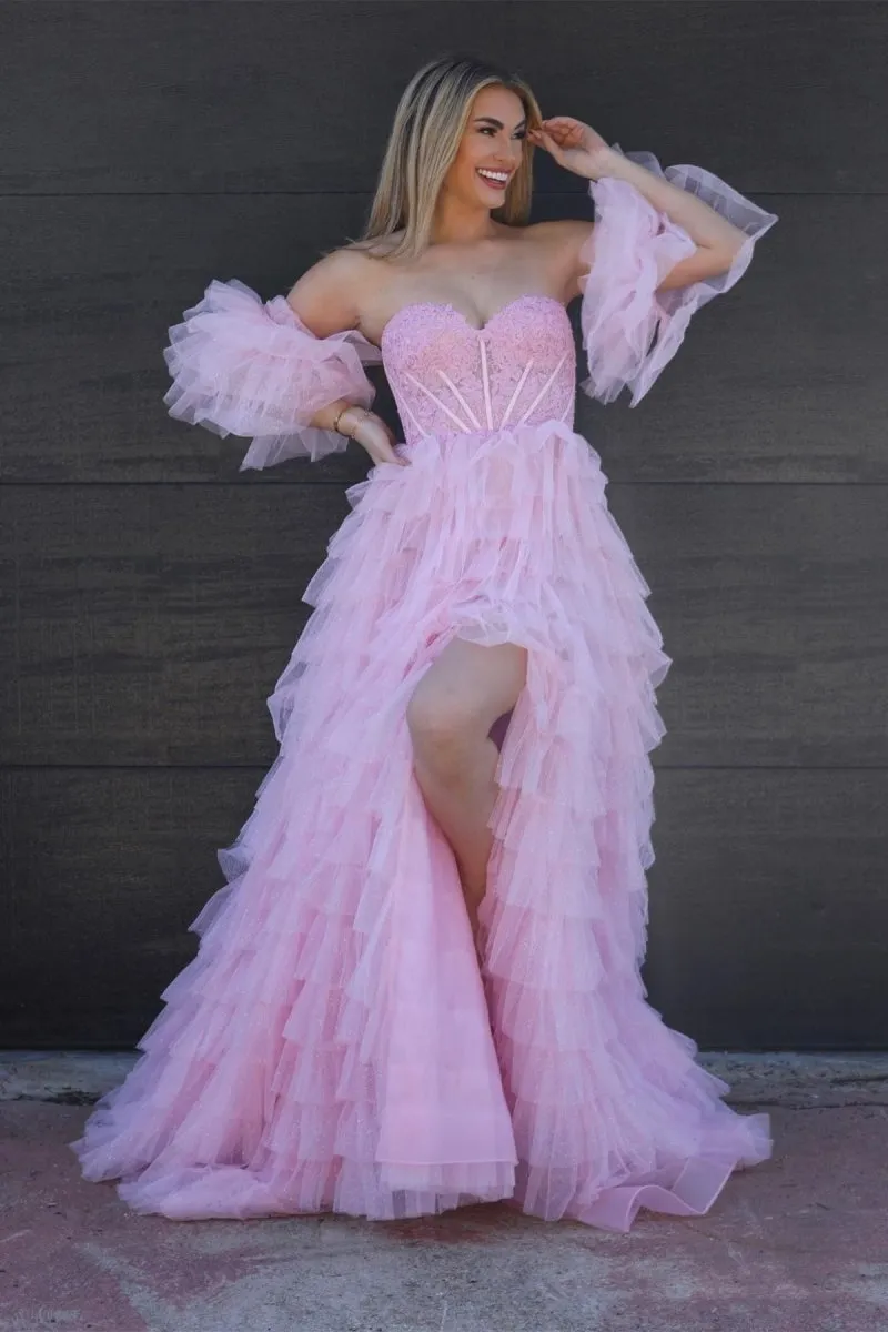 A-line Sweetheart Glitter Tulle Prom Dresses with Slit