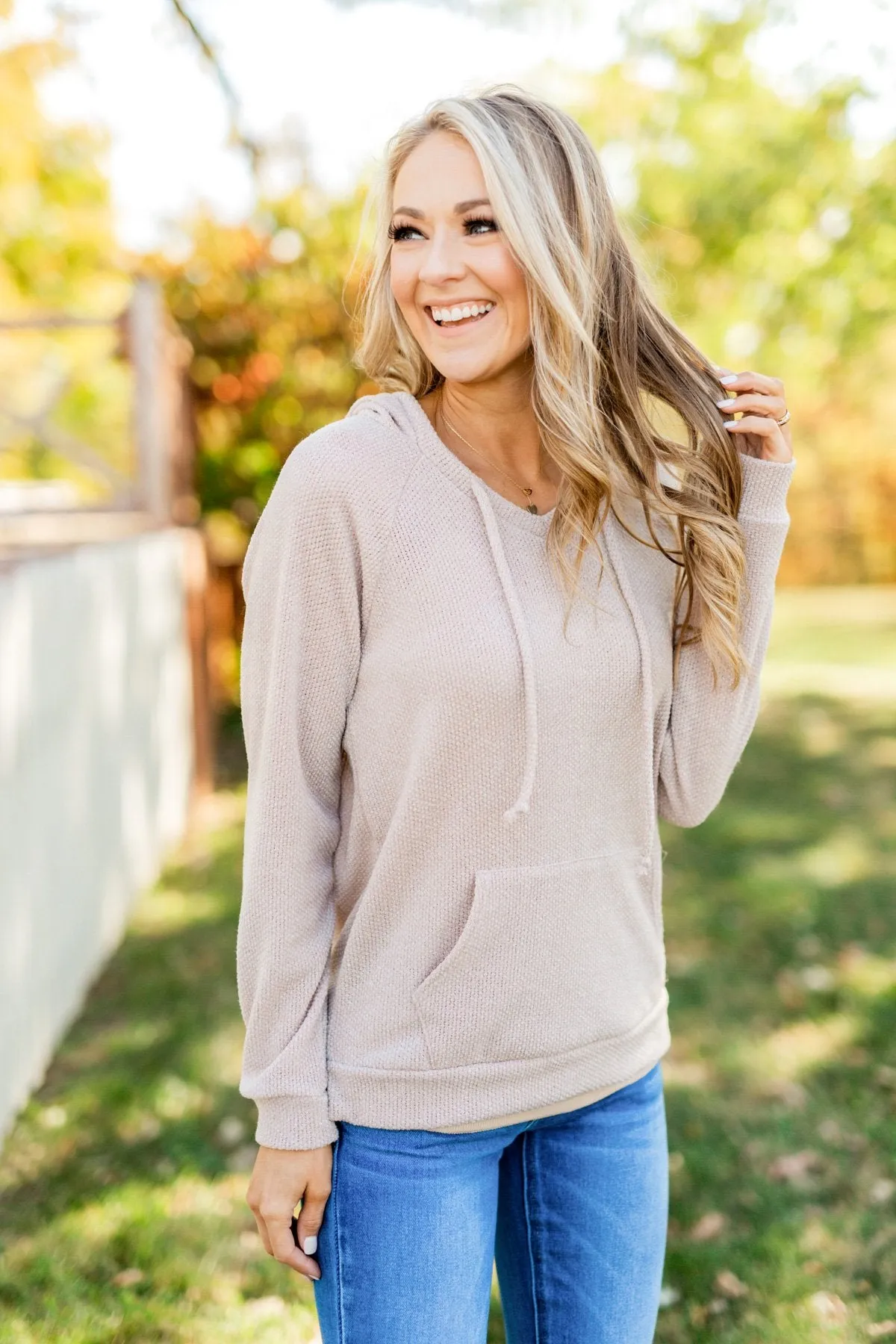 At First Sight Knit Hoodie- Light Taupe
