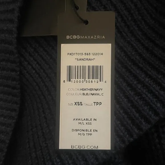 BCBGMaxAzria Sandrah Heather Navy Cowl Neck Knit Sweater Size XS/S Warm Cozy
