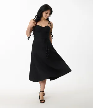 Black Bustier Shoulder Tie Midi Dress