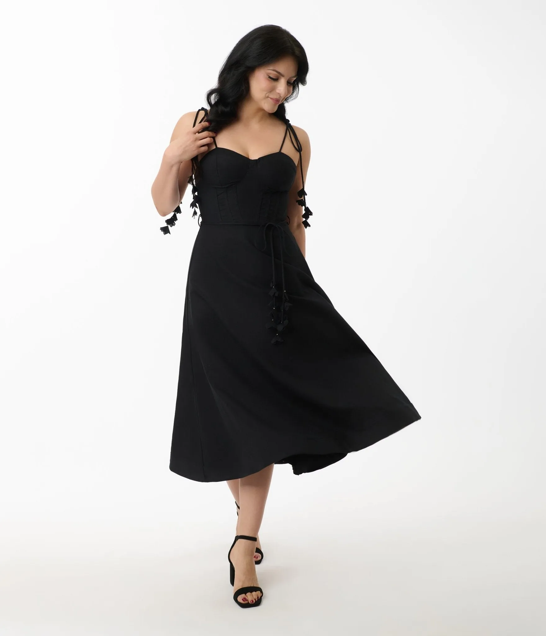 Black Bustier Shoulder Tie Midi Dress
