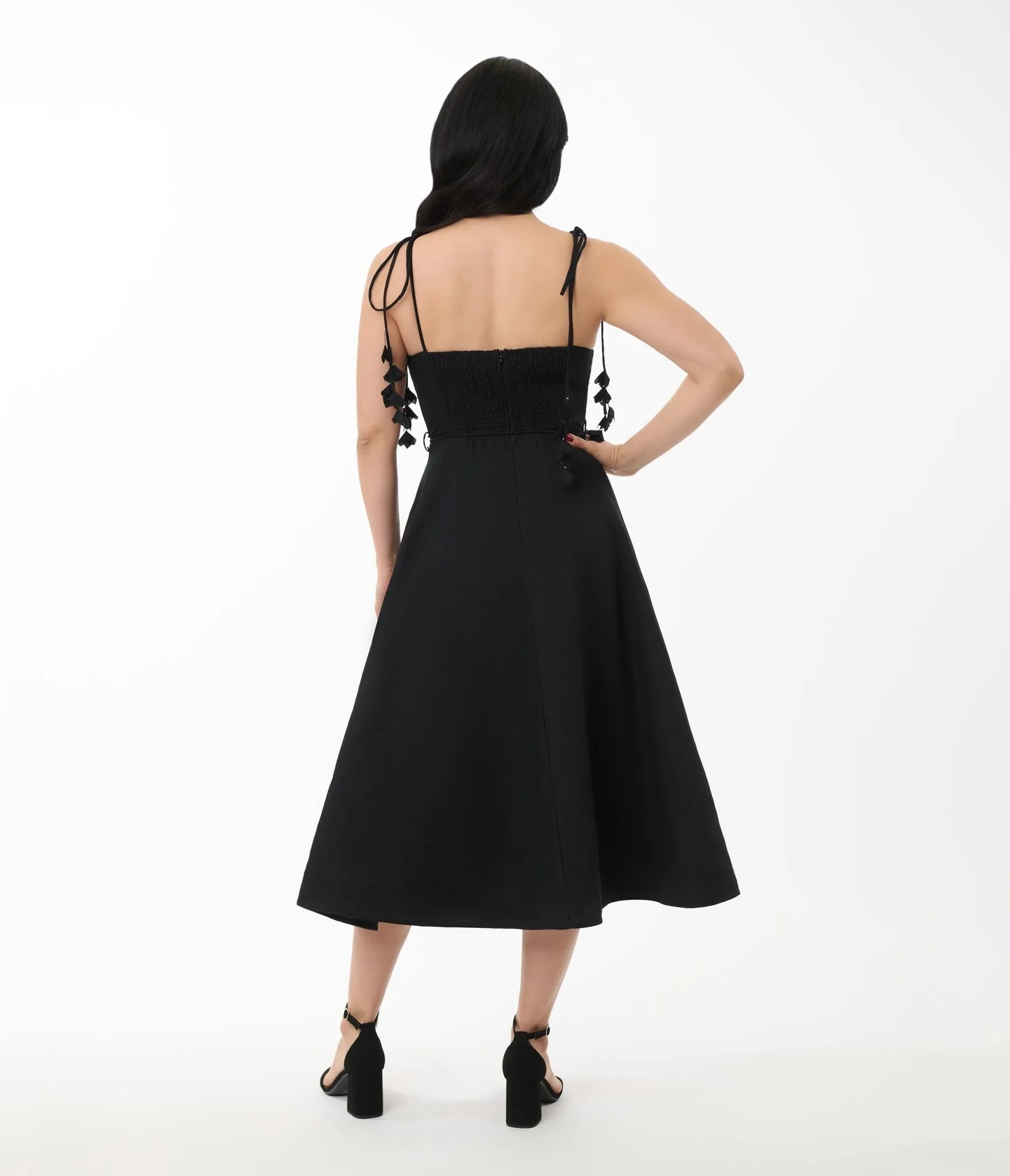 Black Bustier Shoulder Tie Midi Dress