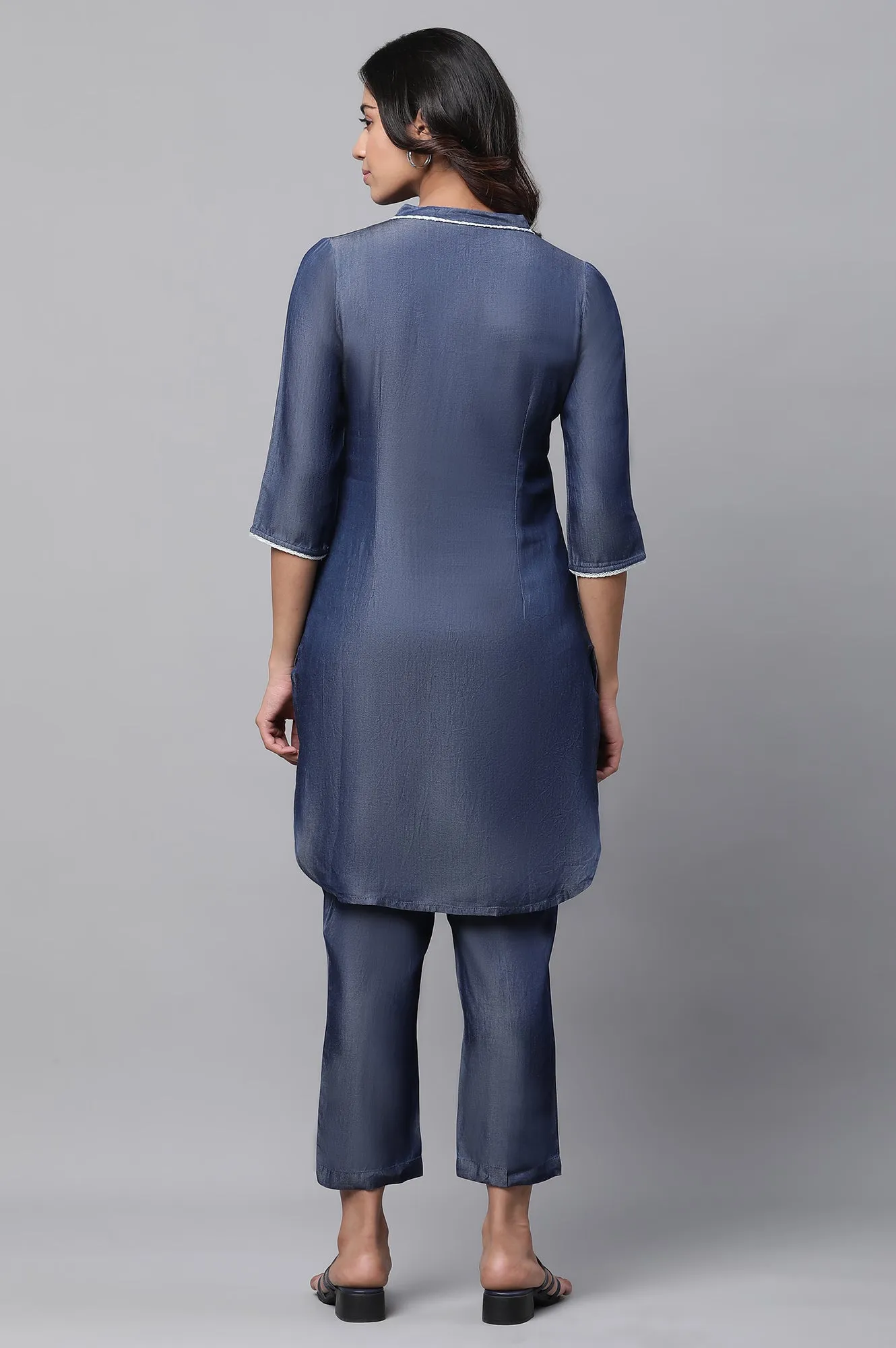 Blue Cotton Denim Kurta and Pants Co-ord Set