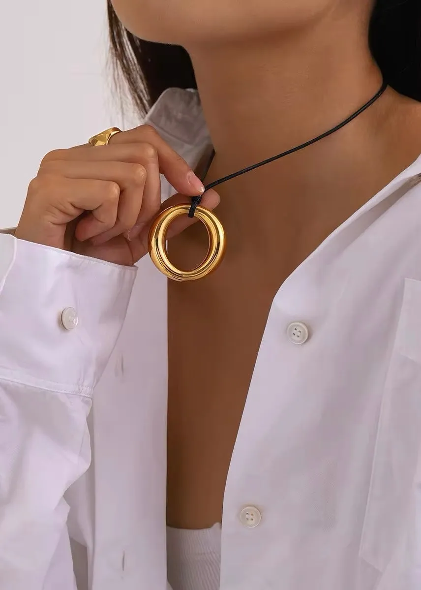 Bold Gold Circle Hollow Pendant Necklace
