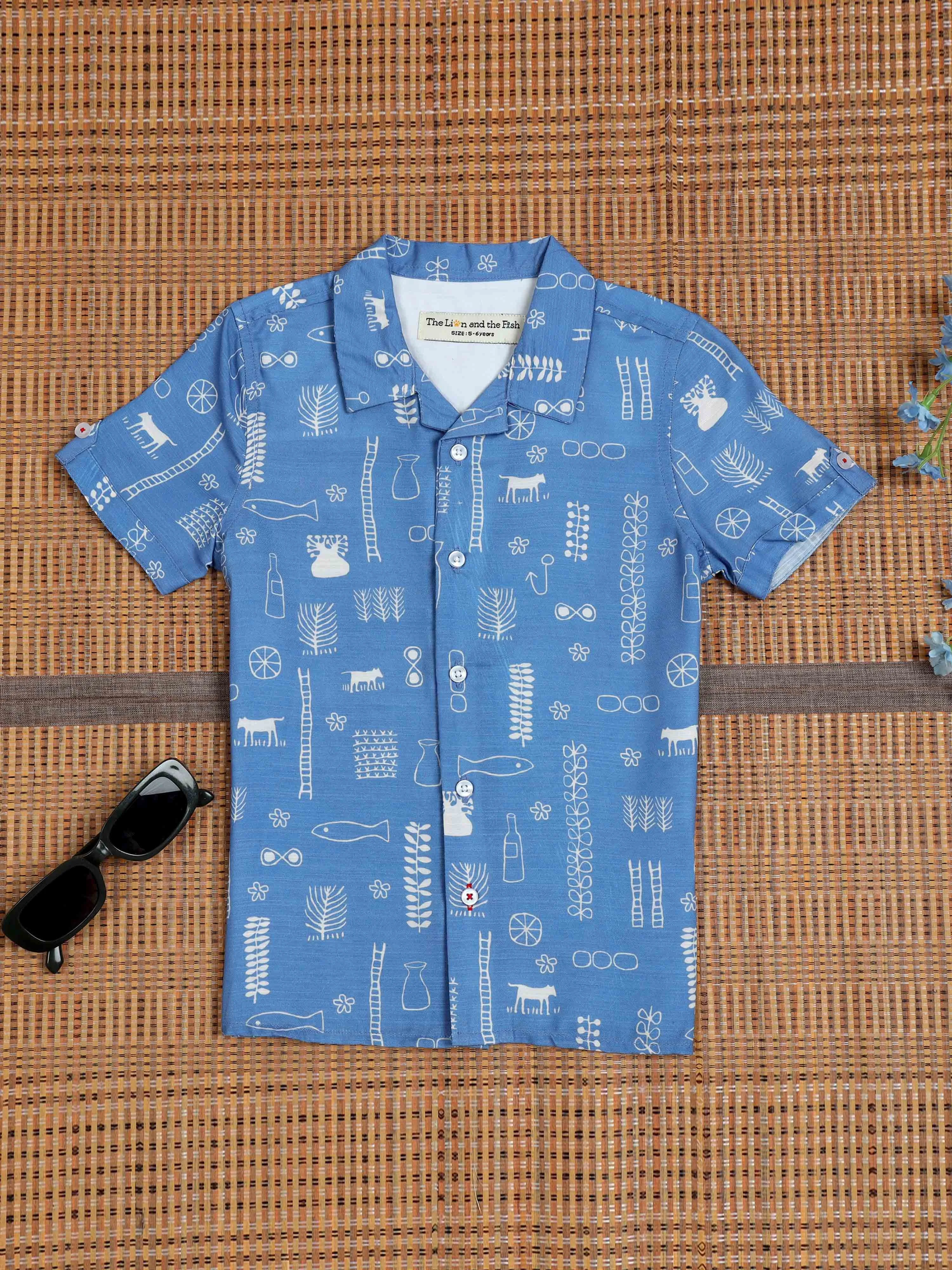 Boys Hawaiian Printed Shirt Cloud Blue