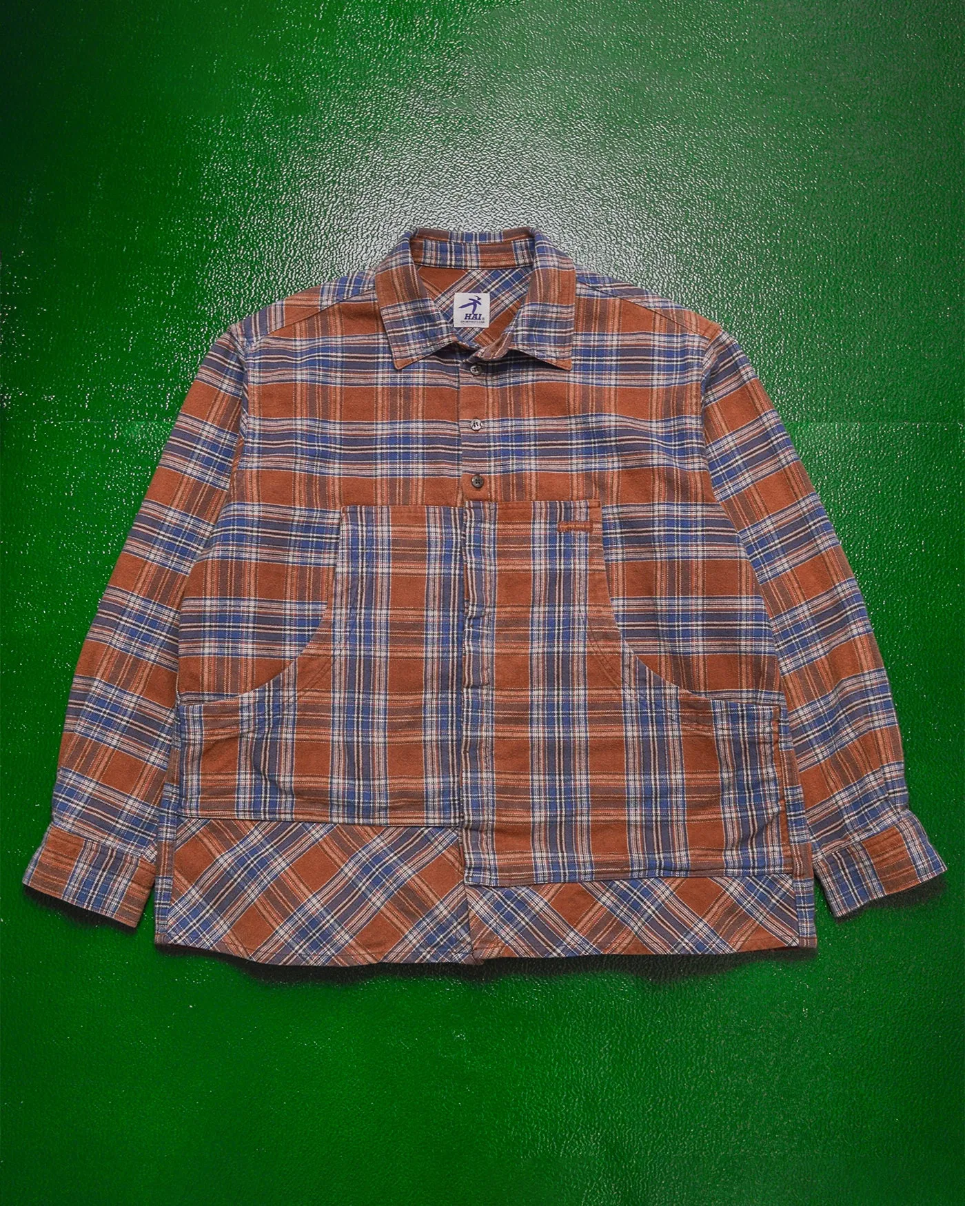 Brown Blue Plaid Asymmetrical Cargo Shirt (~M~)