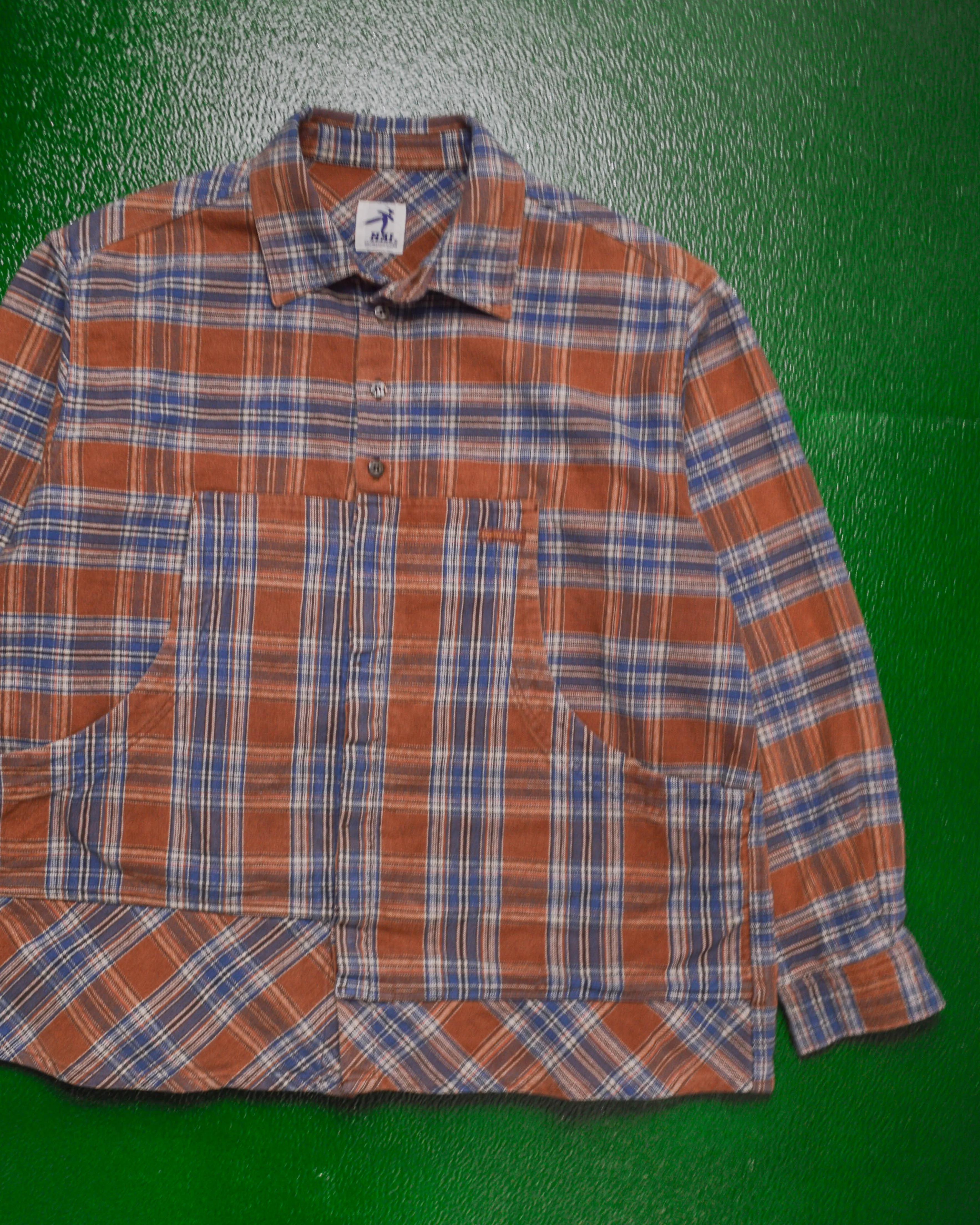 Brown Blue Plaid Asymmetrical Cargo Shirt (~M~)
