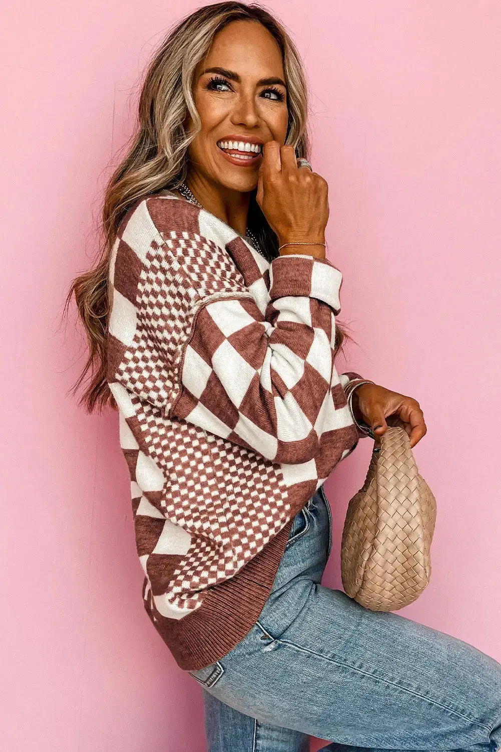 Brown Multi Checkered Print Sweater