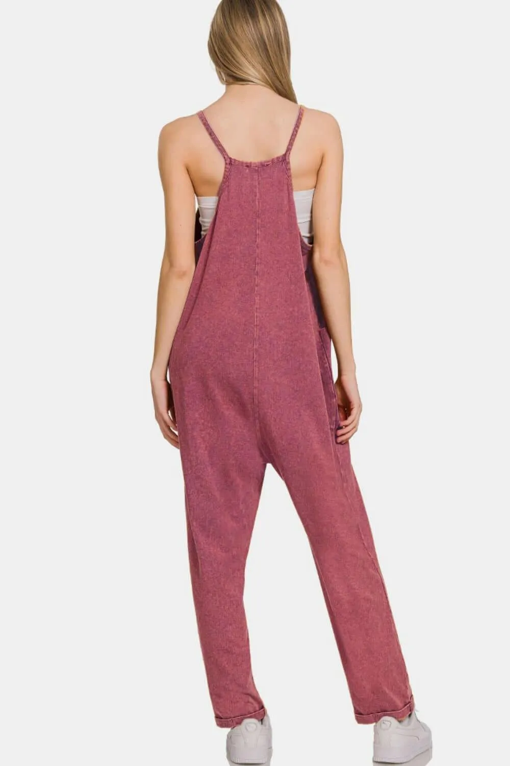 Burgundy Washed Spaghetti Straps Overalls with Pockets – Chic