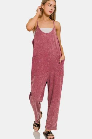 Burgundy Washed Spaghetti Straps Overalls with Pockets – Chic