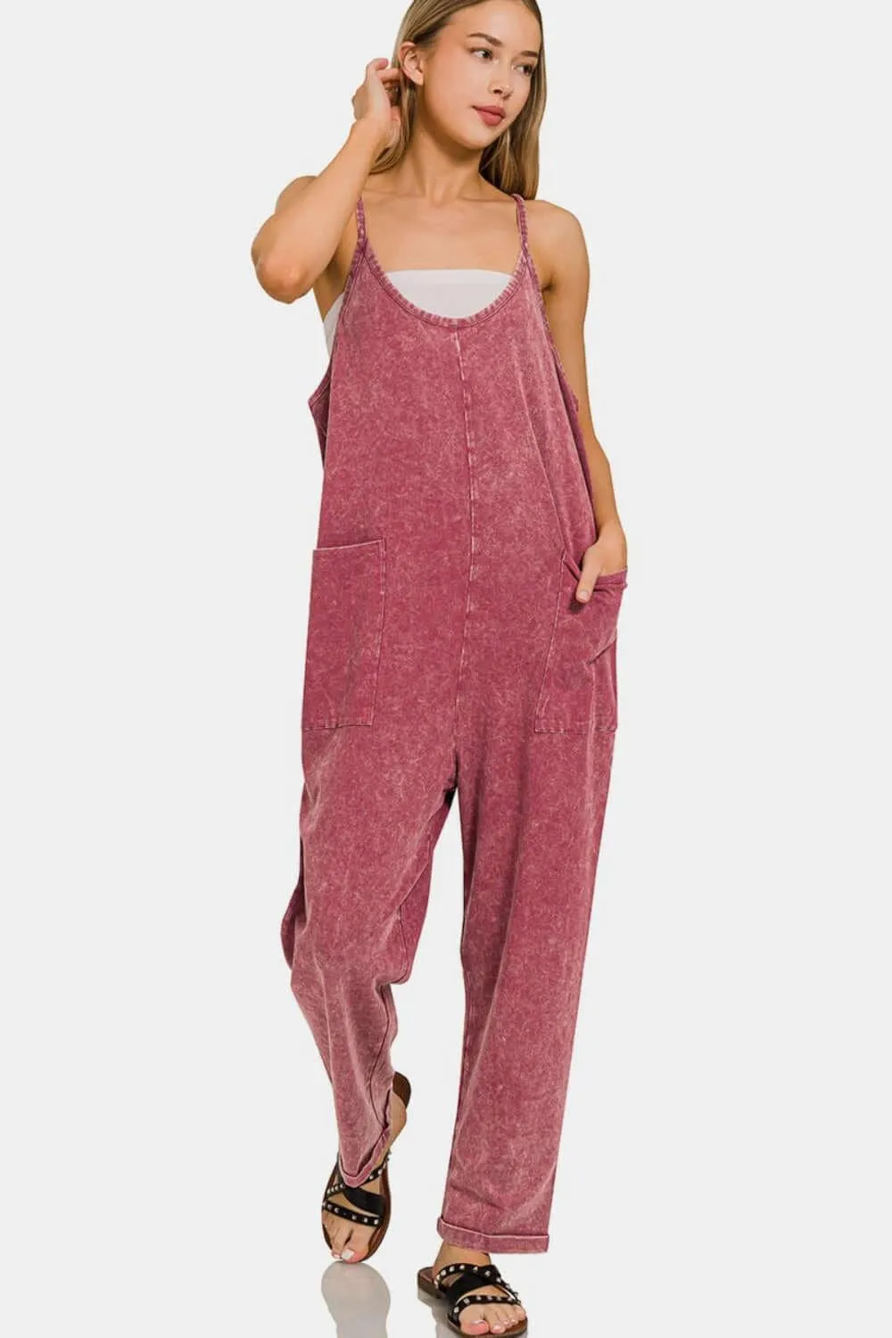 Burgundy Washed Spaghetti Straps Overalls with Pockets – Chic