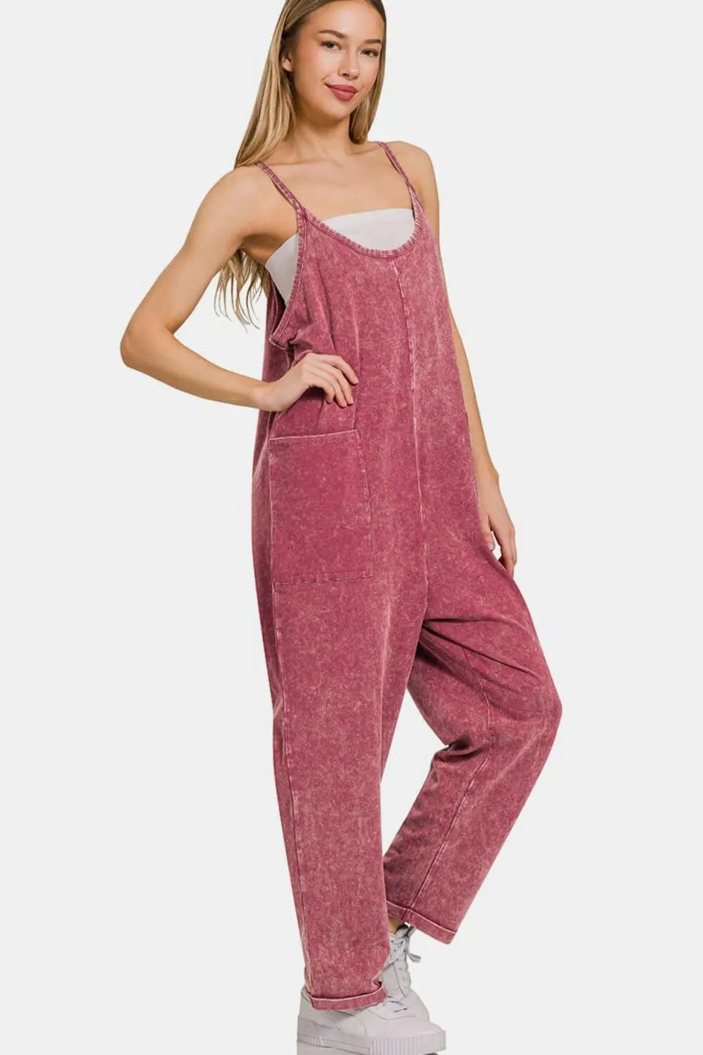 Burgundy Washed Spaghetti Straps Overalls with Pockets – Chic