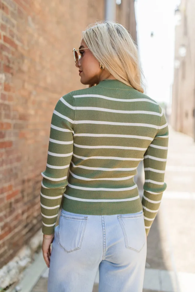 Cabin Bound Olive Striped Fitted Mock Neck Sweater FINAL SALE
