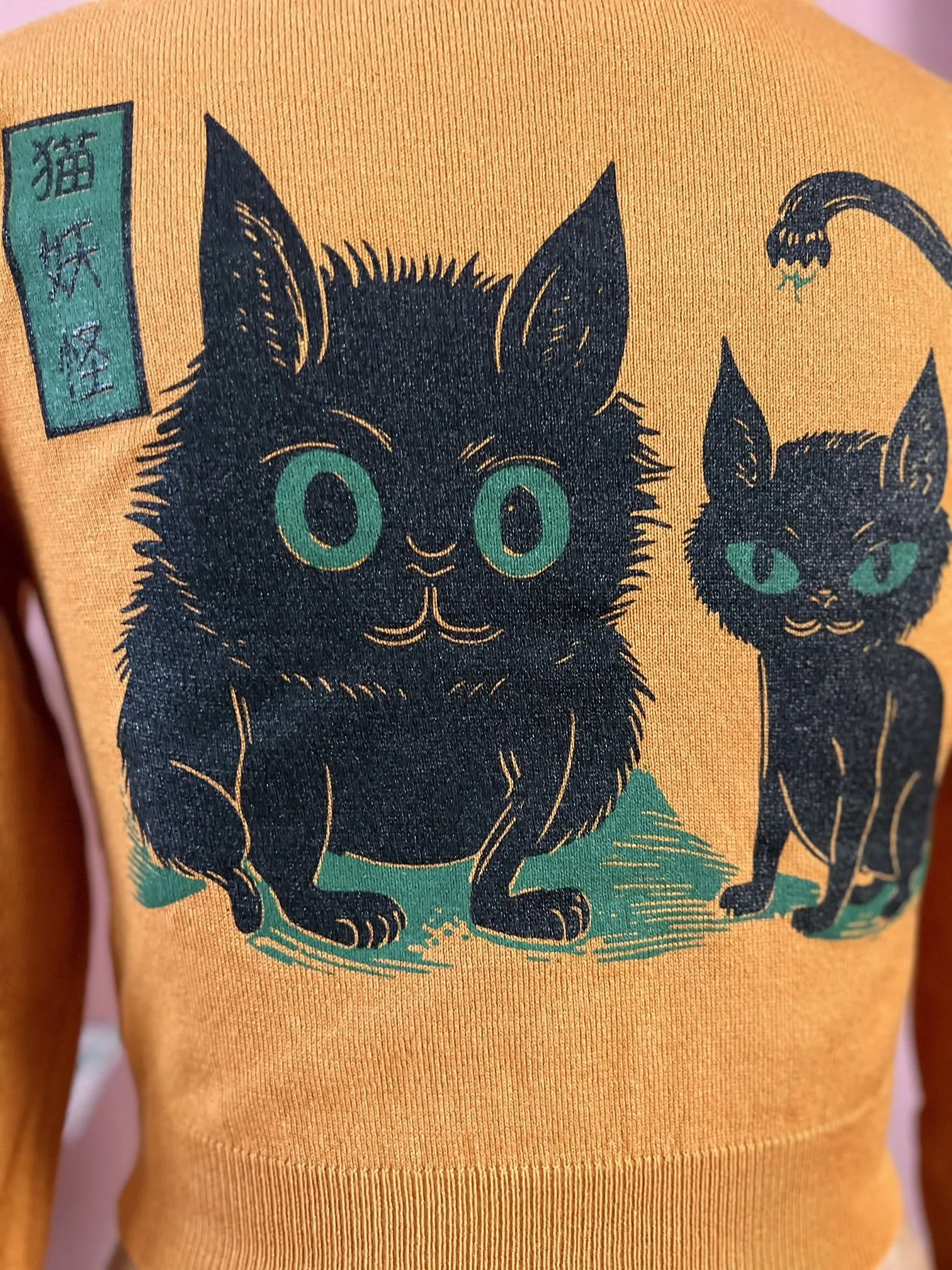 CAT MONSTERS CROP TOP LONG SLEEVE SWEATER*MUSTARD