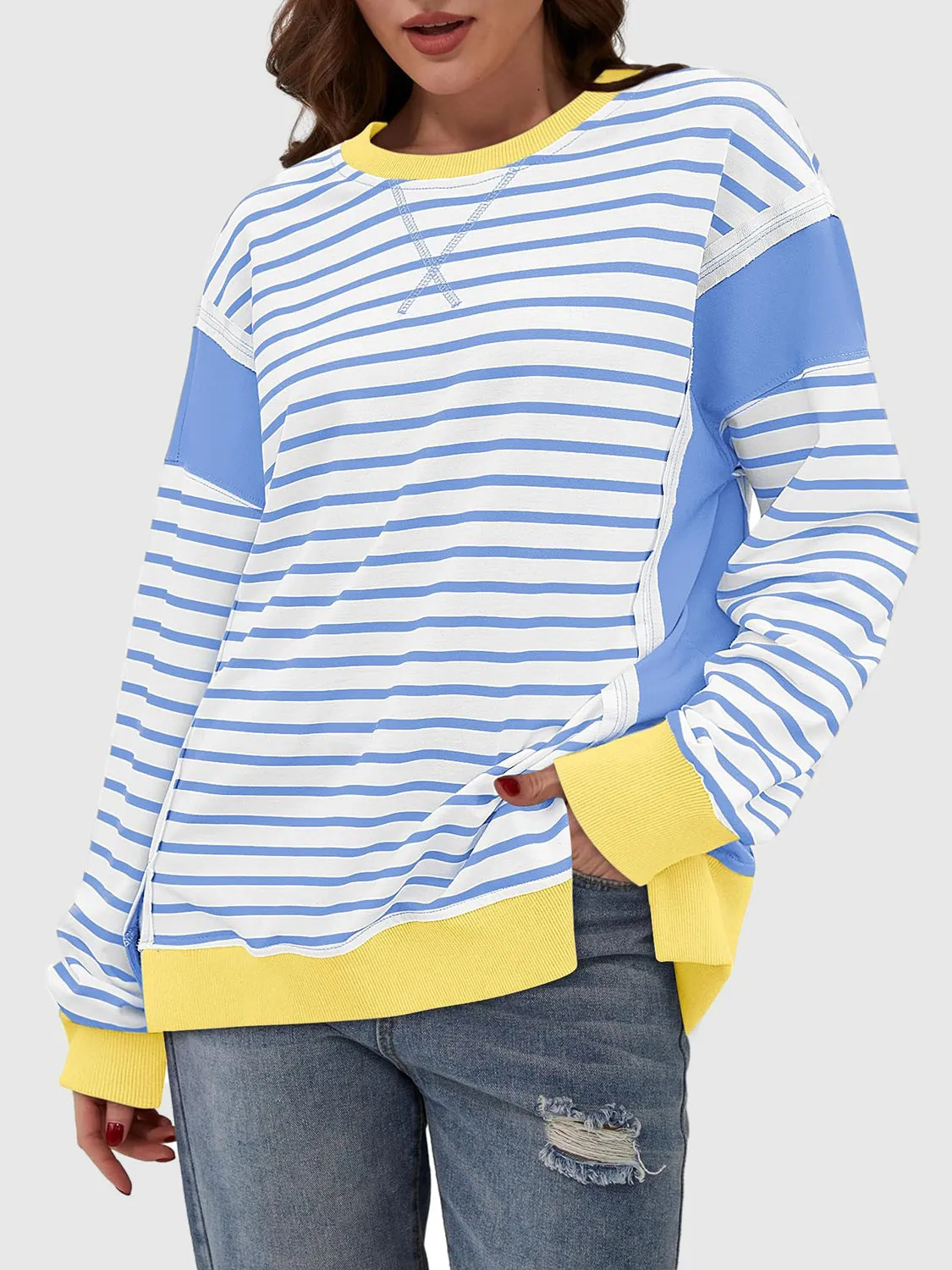 Chalesa Slit Exposed Seam Striped Long Sleeve Sweatshirt