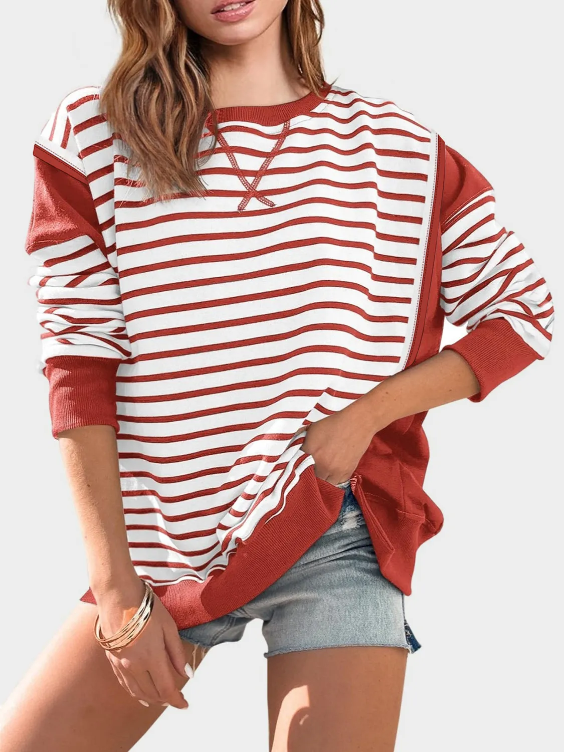 Chalesa Slit Exposed Seam Striped Long Sleeve Sweatshirt