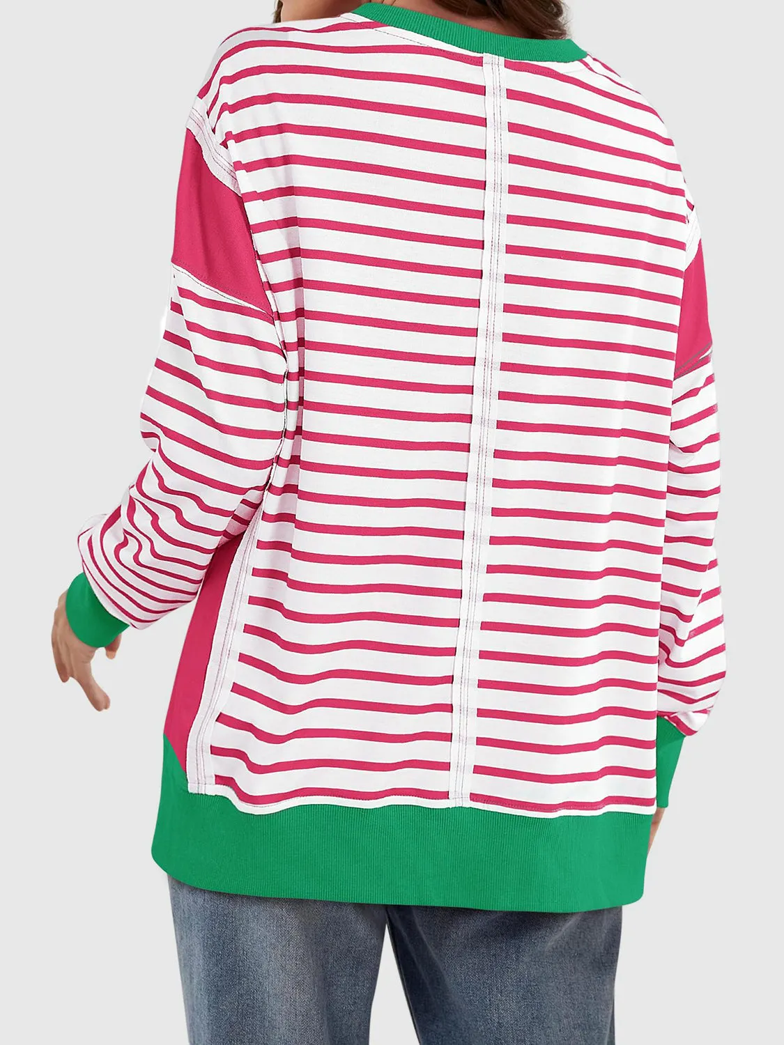 Chalesa Slit Exposed Seam Striped Long Sleeve Sweatshirt