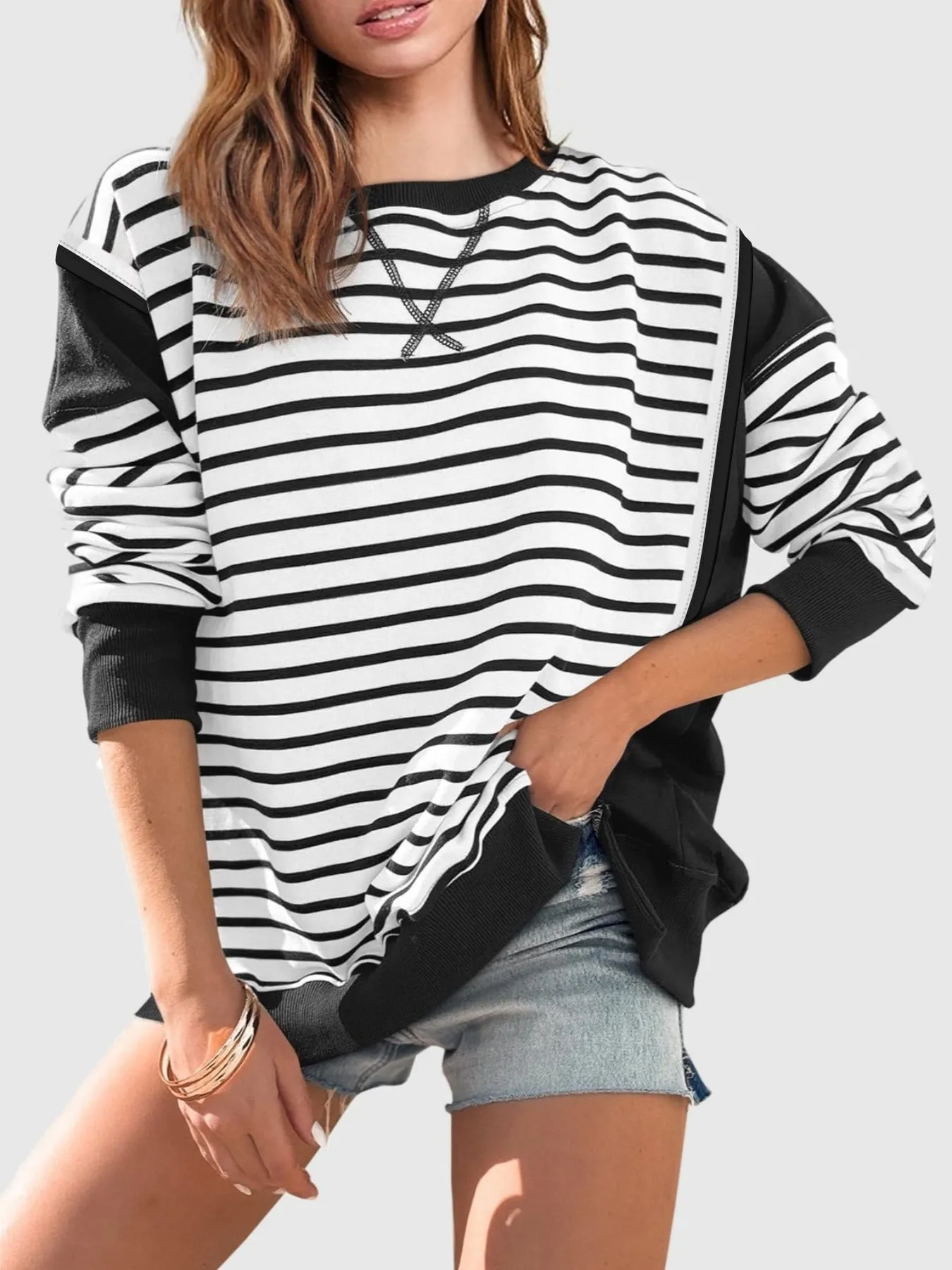 Chalesa Slit Exposed Seam Striped Long Sleeve Sweatshirt