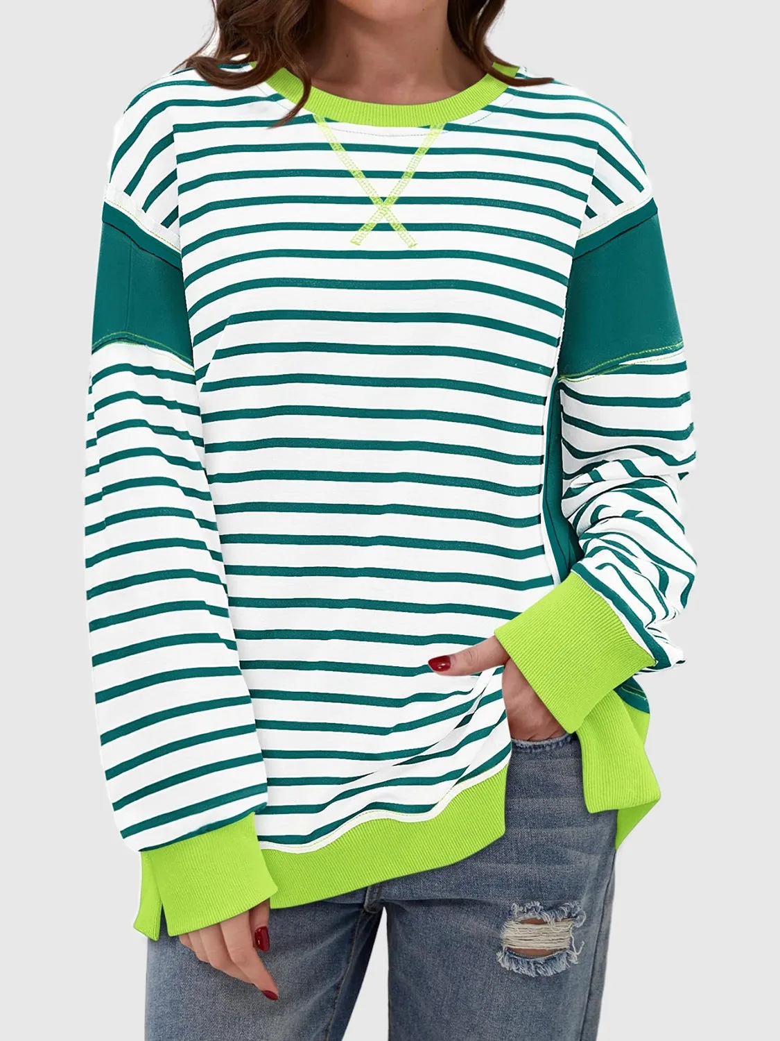 Chalesa Slit Exposed Seam Striped Long Sleeve Sweatshirt