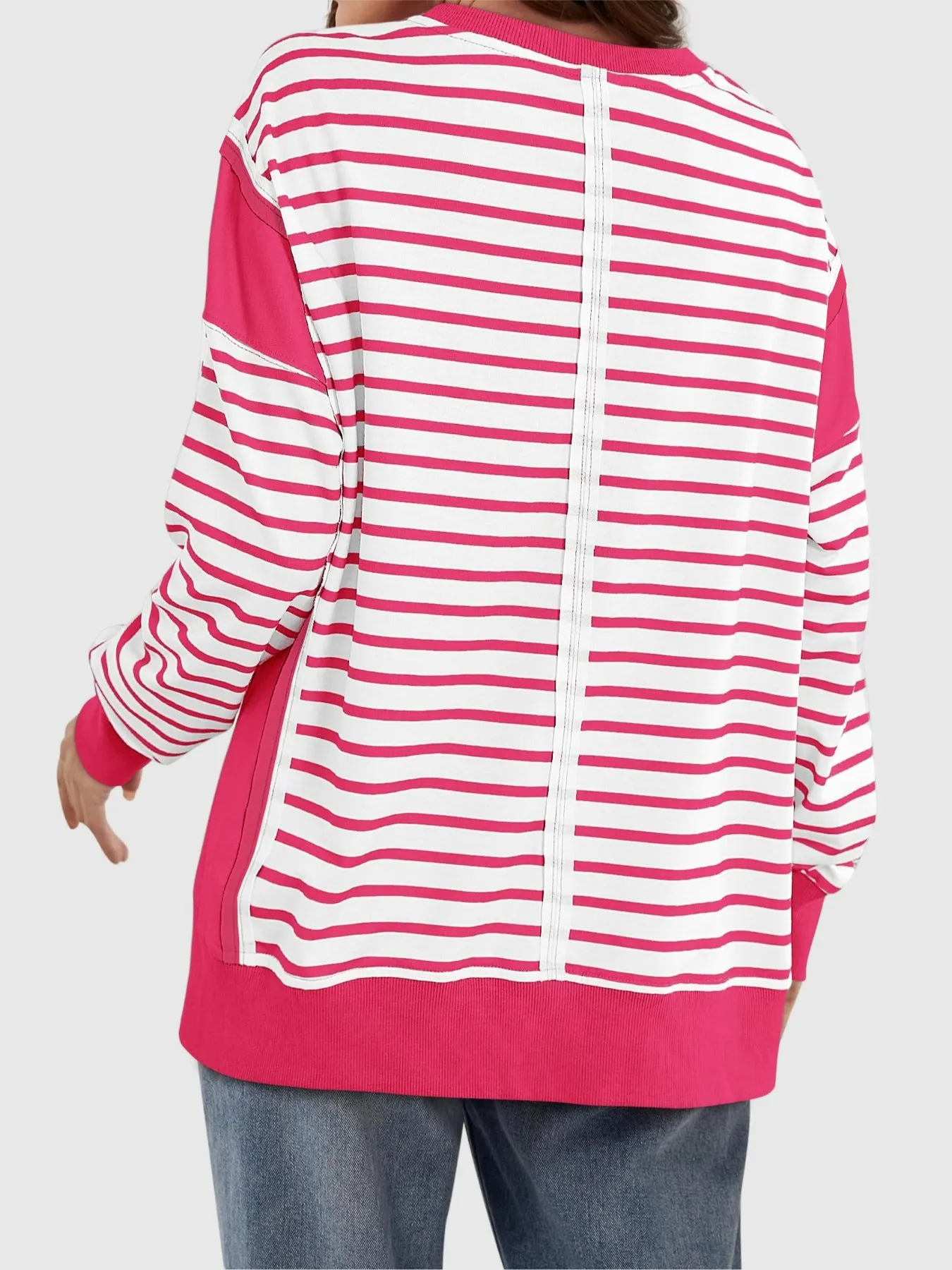 Chalesa Slit Exposed Seam Striped Long Sleeve Sweatshirt