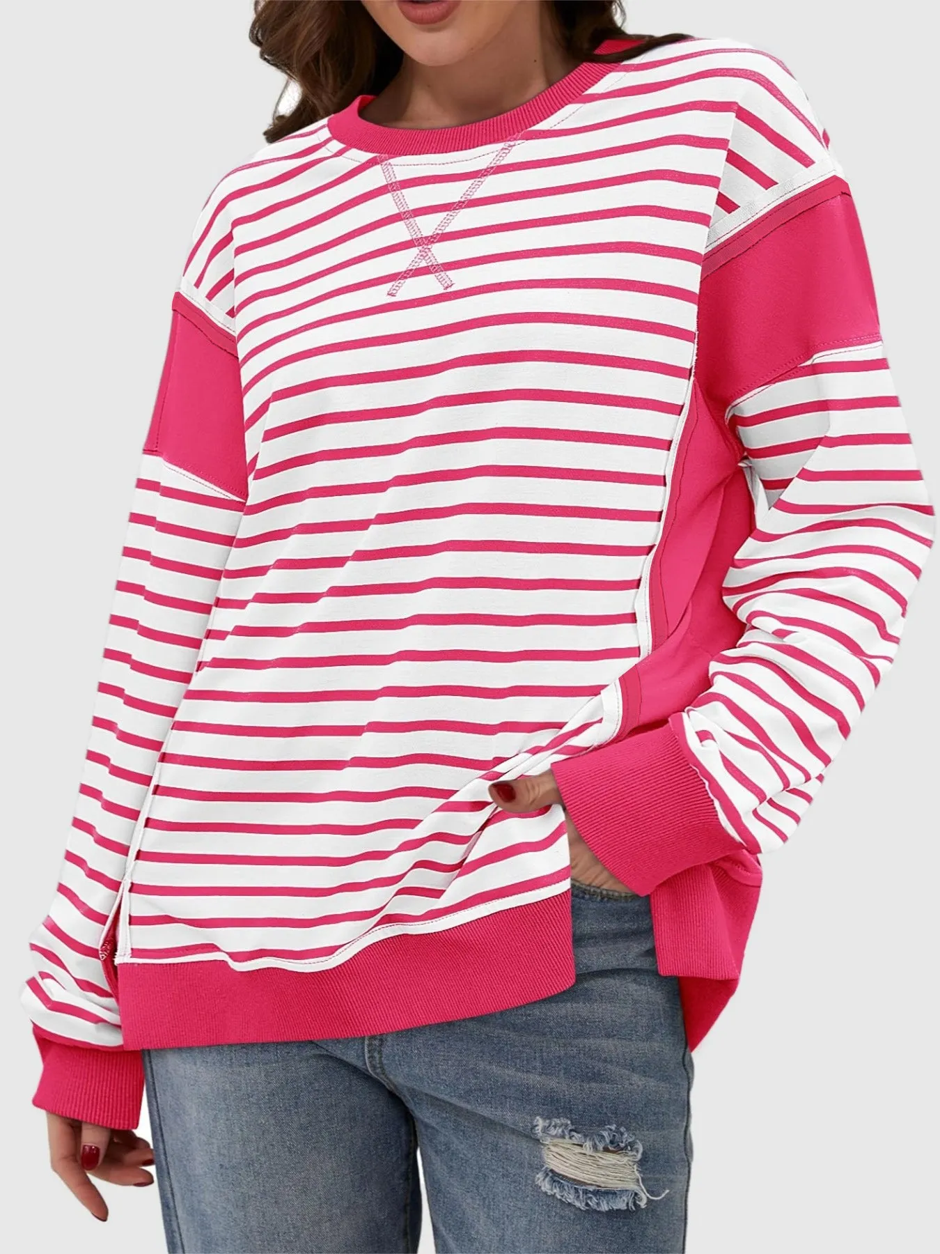 Chalesa Slit Exposed Seam Striped Long Sleeve Sweatshirt