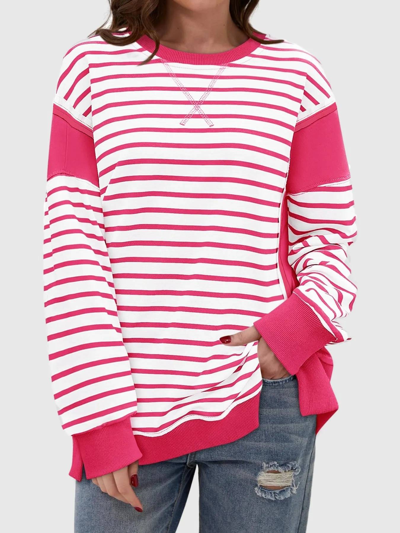 Chalesa Slit Exposed Seam Striped Long Sleeve Sweatshirt