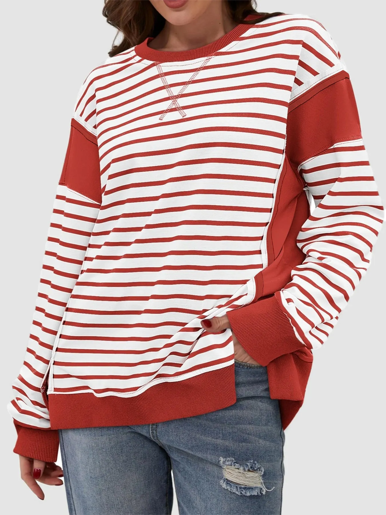Chalesa Slit Exposed Seam Striped Long Sleeve Sweatshirt