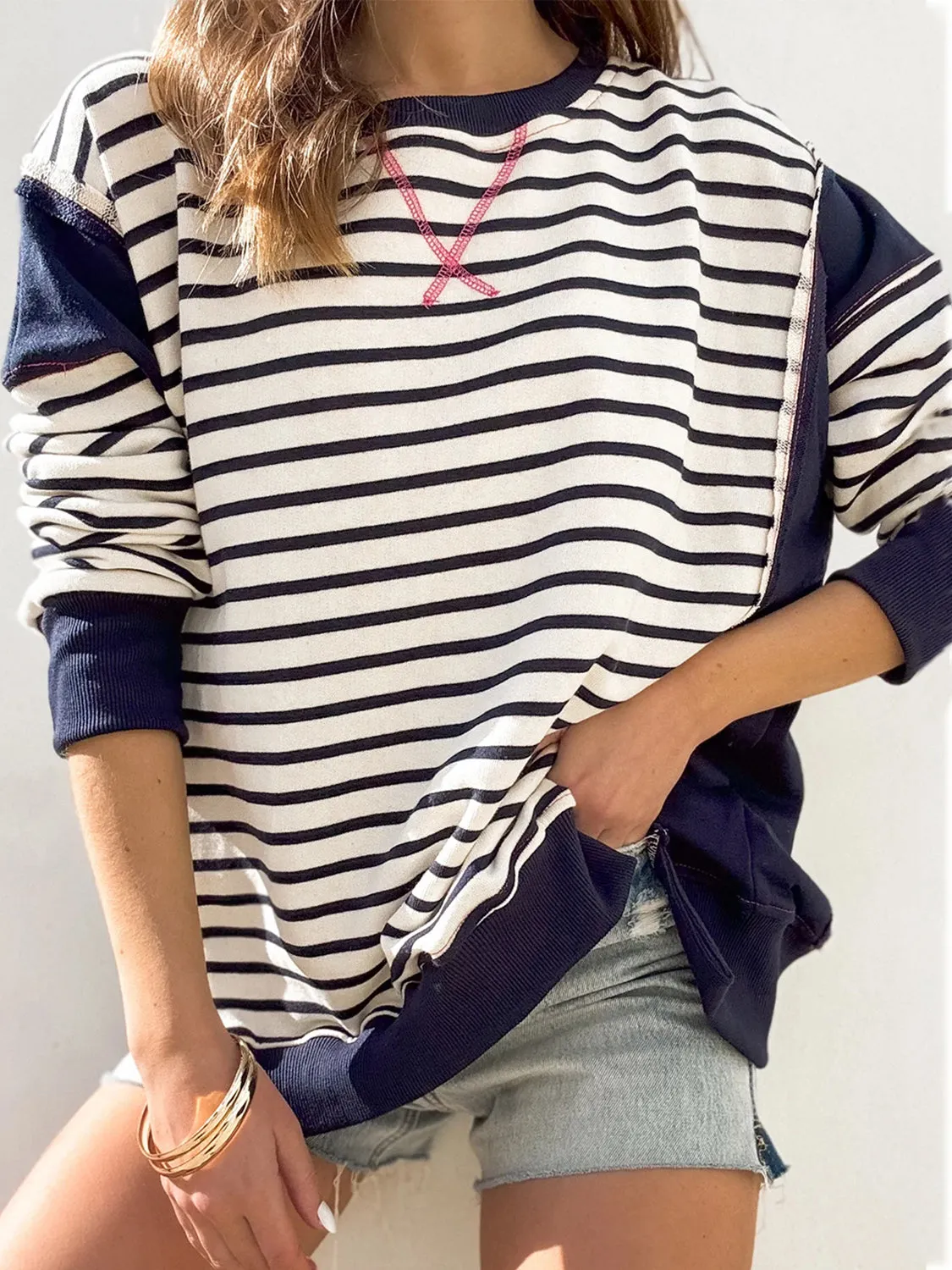Chalesa Slit Exposed Seam Striped Long Sleeve Sweatshirt