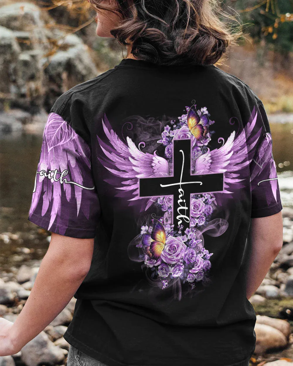 Christianartbag 3D T-Shirt For Women, Faith Butterfly Purple Rose, Christian Shirt, Faithful Fashion, 3D Printed Shirts for Christian Women