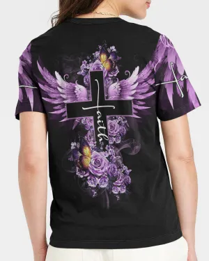 Christianartbag 3D T-Shirt For Women, Faith Butterfly Purple Rose, Christian Shirt, Faithful Fashion, 3D Printed Shirts for Christian Women