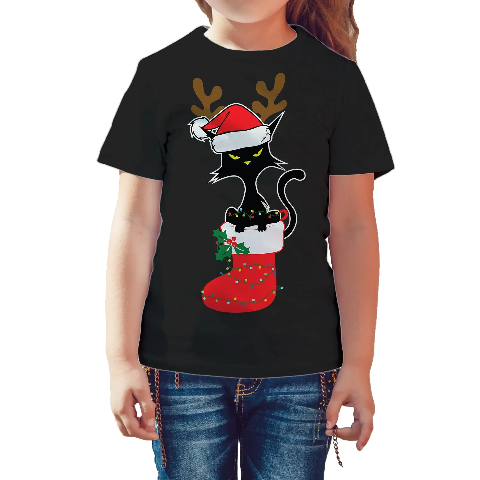 Christmas Cat Lover Santa Hat Stocking Vintage Fun Sweet Lol Kid's T-Shirt