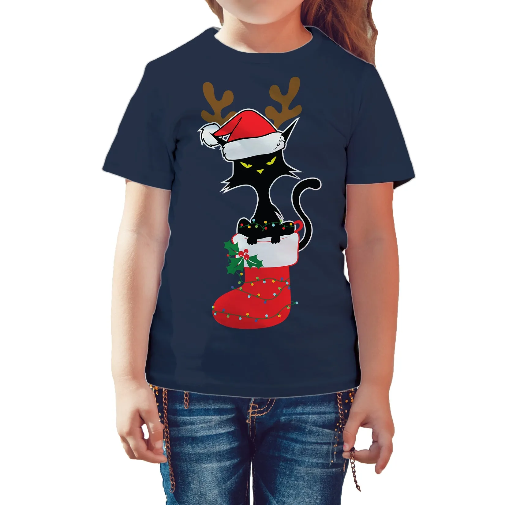 Christmas Cat Lover Santa Hat Stocking Vintage Fun Sweet Lol Kid's T-Shirt