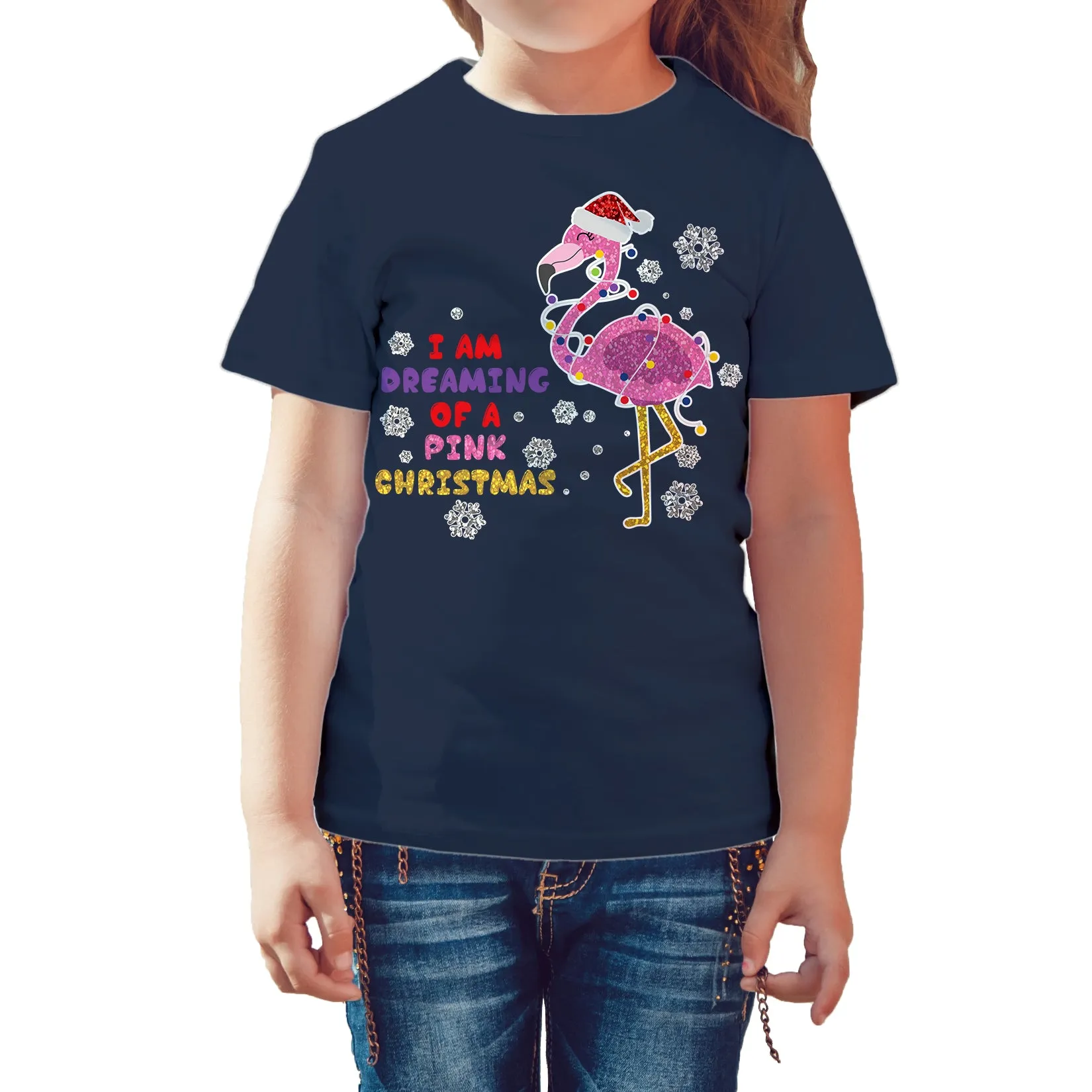 Christmas Flamingo Dreaming Pink Xmas Sparkle Family Cute Kid's T-Shirt